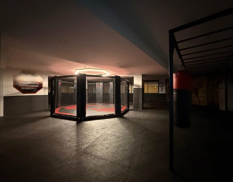 Octagon Fight Club MMA kafesi, kırmızı ışıklandırmayla